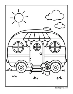 A small round camper trailer with a striped awning, round windows, steps and a flower pot, under a sun and clouds