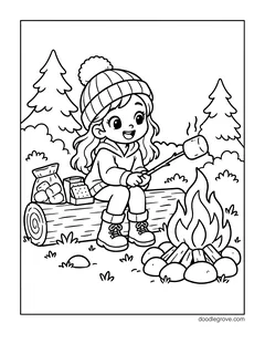 A girl in a knit hat sitting on a log and roasting a marshmallow over a campfire, with a bag of marshmallows, a box of crackers and pine trees