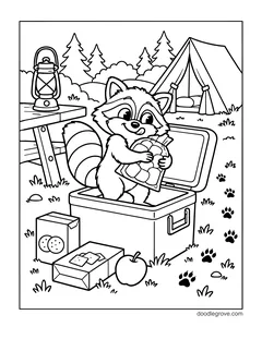 A raccoon standing in an open cooler holding a bag of marshmallows, with snack boxes, an apple, paw prints, a lantern on a picnic table and a tent