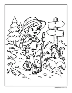 A boy in a sun hat hiking with a backpack and a walking stick past a trail signpost, with a chipmunk on a rock and pine trees