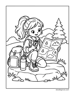 A girl with a ponytail kneeling on a rock holding a compass and a trail map, with a backpack, a water bottle and pine trees