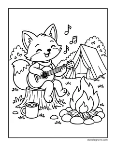 A fox sitting on a tree stump playing a guitar by a campfire, with music notes, a mug of cocoa with marshmallows and a tent