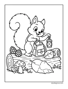 A squirrel on a log packing an acorn into a backpack and holding a small lantern, with pine cones, a rolled sleeping bag, a leaf and a mushroom