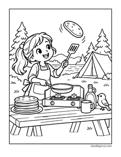 A girl in an apron flipping a pancake from a frying pan on a camp stove, with a stack of pancakes, a syrup bottle, a mug and a bird on a picnic table, and a tent by a lake