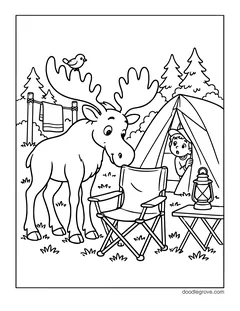 A moose with a bird on its antler sniffing a camp chair while a boy peeks out of a tent, with a lantern on a table and towels on a clothesline