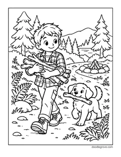 A boy in a plaid shirt carrying an armful of firewood through the forest, with a puppy carrying a stick, a fire ring and pine trees