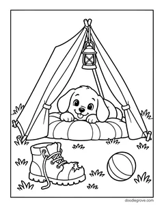 A puppy lying on a cushion inside a tent with a lantern hanging above, with a chewed hiking boot and a ball on the grass