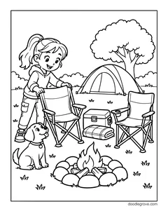 A girl unfolding a camp chair beside a puppy and a campfire in a ring of stones, with a second chair, a cooler, a folded blanket, a dome tent and a tree