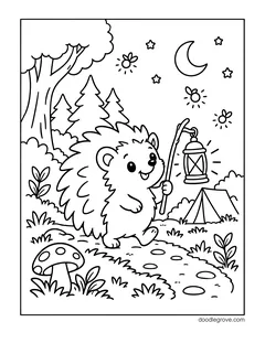 A hedgehog walking a forest path at night carrying a lantern on a stick, with fireflies, a crescent moon, stars, a mushroom and a small tent