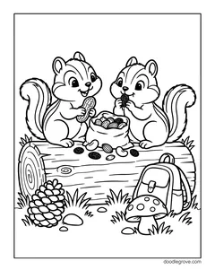 Two chipmunks on a log sharing a bag of nuts, with a backpack, a pine cone and a mushroom
