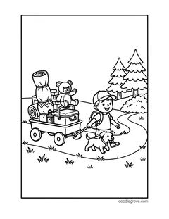 A boy in a cap pulling a wagon loaded with a sleeping bag, a cooler, a lantern and a teddy bear along a path, with a puppy and pine trees