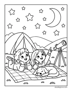 A boy and a girl lying on a picnic blanket looking up at the stars and a crescent moon, with a telescope, a sleeping puppy, a tent and hills