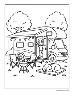 A boy waving from the door of a motorhome with an awning and string lights, with camp chairs, a grill, a dog asleep on a mat and trees