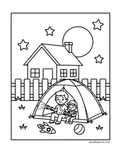 A dad and a boy sitting in a dome tent with flashlights in a backyard, with a house, a fence, a full moon, stars, a toy rocket and a ball