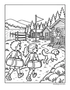 A boy and a girl carrying duffel bags toward log cabins by a lake, with a camp counselor waving from a porch, a dog, a flagpole, canoes on a rack and pine trees