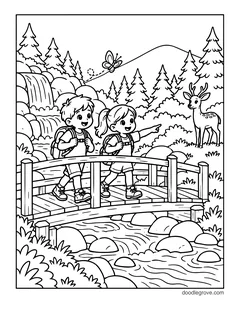 A boy and a girl with backpacks crossing a wooden bridge over a rocky stream and pointing at a deer, with a waterfall, a butterfly and pine trees