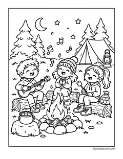 Three kids on logs around a campfire at night, one playing a guitar, one clapping and one roasting a marshmallow, with music notes, a pot, a tent, a lantern and a crescent moon