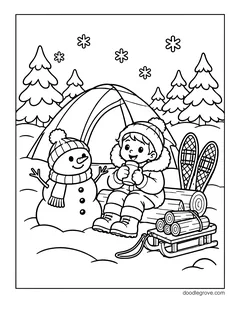 A child in a parka and a knit hat holding a mug on a log beside a snowman, with a tent, snowshoes, a sled of firewood, snowflakes and snowy pine trees