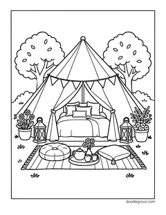 A big bell tent with bunting and tied-back curtains showing a bed with pillows, with lanterns, flower pots, a rug with cushions and a tea tray, and two trees