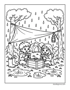 A boy and a girl in raincoats playing cards on a crate under a tarp tied between two trees, with raindrops, puddles, rain boots, a lantern and a tent