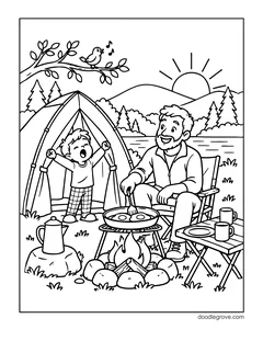 A dad cooking eggs in a pan over a campfire while a boy in pajamas stretches outside a tent, with a coffee pot, mugs, a bird singing on a branch and a sunrise over a lake