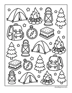Tents, campfires, lanterns, backpacks, compasses, s'mores, pine trees and stars spread across the page