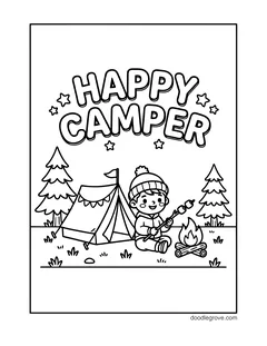 The words Happy Camper above a child in a knit hat roasting a marshmallow by a tent and a small campfire, with pine trees and stars