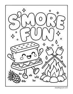 The words S'more Fun above a smiling s'more character dancing by a campfire with two marshmallows on sticks, with a pine cone and sparkles