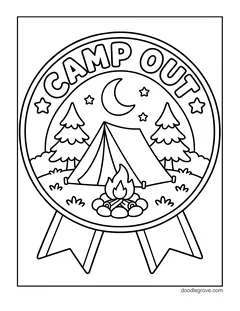 A round badge reading Camp Out with a tent, a campfire, pine trees, a crescent moon and stars, with two ribbon tails