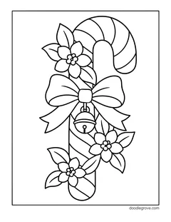A candy cane with flowers and leaves, a big bow and a jingle bell