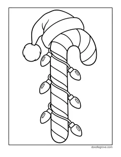 A tall candy cane wearing a Santa hat and wrapped in a string of Christmas lights