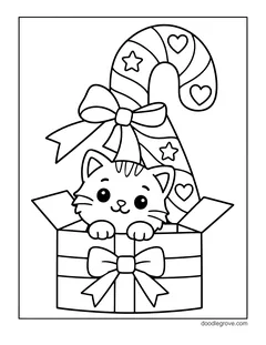 A kitten peeking out of a gift box with a bow, in front of a tall candy cane with hearts and stars