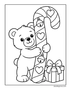 A teddy bear hugging a tall candy cane decorated with hearts and bells, next to a present