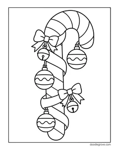 A candy cane wrapped in a ribbon with little bows, hanging ornaments and jingle bells