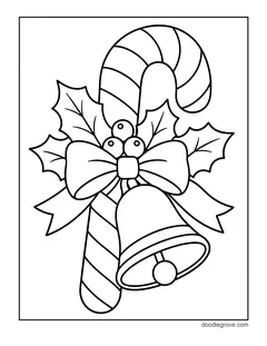 A candy cane with a bow, holly leaves, berries and a big bell