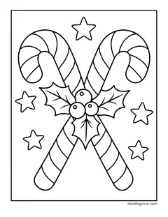 Two crossed candy canes with holly leaves and berries, with stars around them