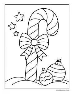 A candy cane with a striped bow standing in the snow next to two ornaments, with stars