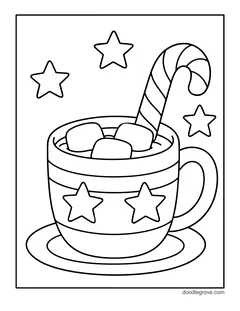 A mug of hot cocoa with marshmallows and a candy cane, with stars on the mug and around it