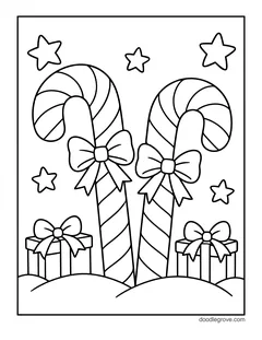 Two candy canes with bows standing in the snow between wrapped presents, with stars