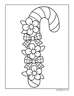 A candy cane decorated with a column of flowers and plaid bows