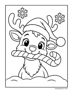 A baby reindeer in a Santa hat holding a candy cane in its mouth, with snowflakes