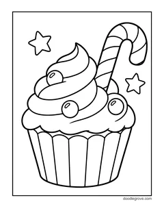 A cupcake with swirly frosting and candy pearls, with a candy cane on top, with stars