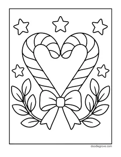 Two candy canes bent into a heart and tied with a bow, with leafy branches and stars