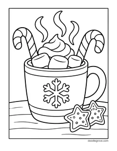 A steaming mug of hot cocoa with whipped cream, marshmallows and two candy canes, next to star cookies