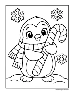A penguin in a scarf hugging a big candy cane, with snowflakes