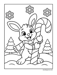 A bunny in a scarf holding a candy cane in the snow, with pine trees and snowflakes