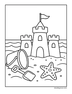 A sandcastle with three towers and a flag on the beach, with a bucket, a shovel, a starfish and waves