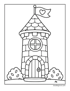 A round stone tower with a heart flag, a scalloped roof, a round window and an arched door, between two bushes