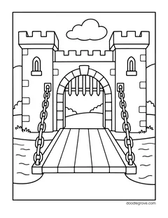 A castle gate with a raised portcullis and a wooden drawbridge on chains over a moat, with two towers and a cloud