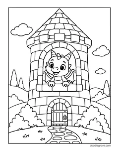 A baby dragon waving from the window of a round stone tower, with a cobblestone path, bushes, hills and clouds